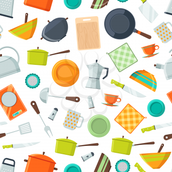 Vector kitchen utensils flat icons background or pattern illustration. Cooking kitchenware, spatula and cup, utensil and equipment