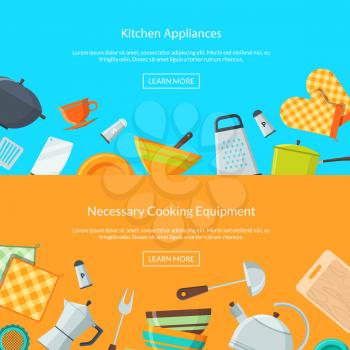 Vector kitchen utensils flat icons horizontal web banners and poster illustration
