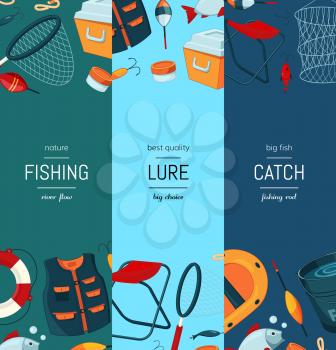 Vector vertical web banners and poster, card or flyer illustration with cartoon fishing equipment