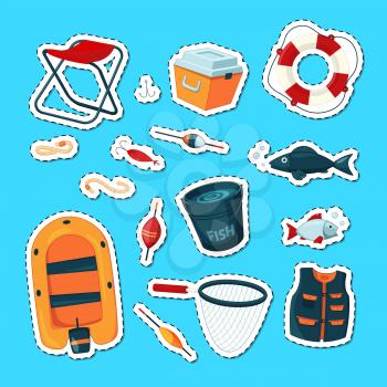 Vector stickers set with cartoon colored fishing equipment illustration isolated