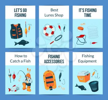 Vector card or flyer templates set with cartoon fishing equipment with place for text illustration