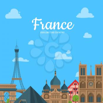Vector cartoon France sights and objects background with place for text illustration. Building landmark, sightseeing eiffel tower, triumphal arch