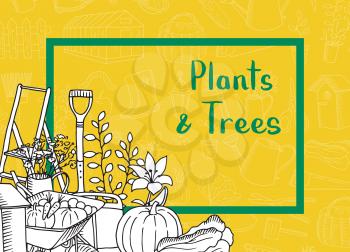 Banner and poster vector gardening doodle icons background with place for text illustration