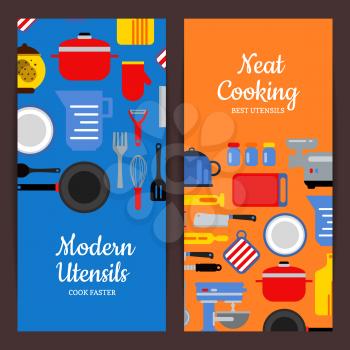 Vector flat style kitchen utensils vertical flyer templates for home and kitchen accessories shop or cooking classes illustration