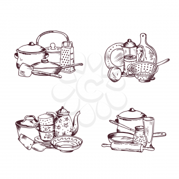 Vector piles of hand drawn kitchen utensils set. Kitchen utensil drawing illustration