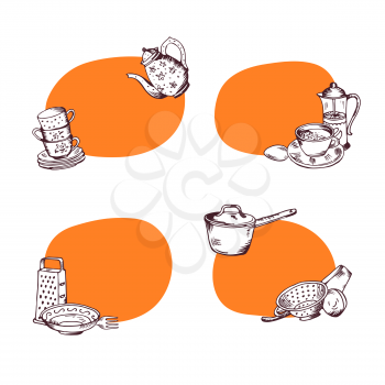 Vector set of stickers with place for text with hand drawn kitchen utensils illustration