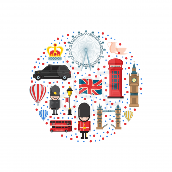 Vector cartoon London sights and objects in circle shape illustration