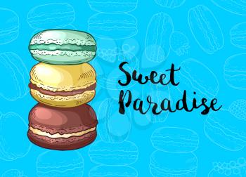Vector background with colored hand drawn macaroons and lettering illustration
