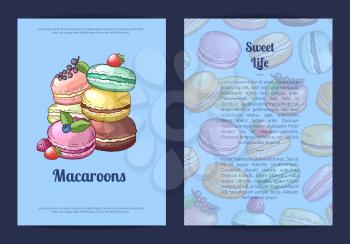 Vector card, flyer or brochure template for sweet or pastry shop with colored hand drawn sweet macaroons illustration