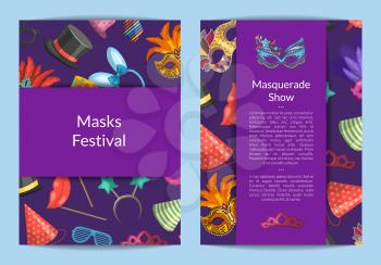 Vector card or flyer templates set with masks and party accessories and place for text illustration