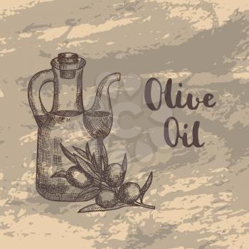 Vector hand drawn olive branche with oil bottle on grunge texture illustration