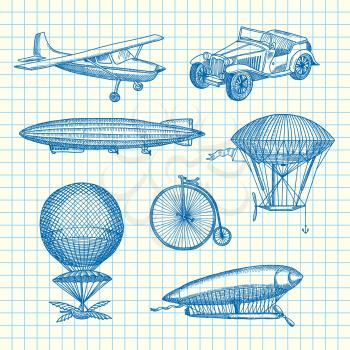 Vector set of steampunk hand drawn dirigibles, bicycles and cars on paper sheet illustration