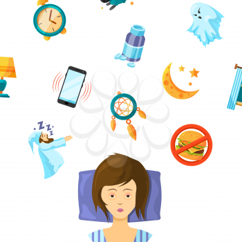 Woman sleep and elements set for dream. Rest and peace, vector illustration