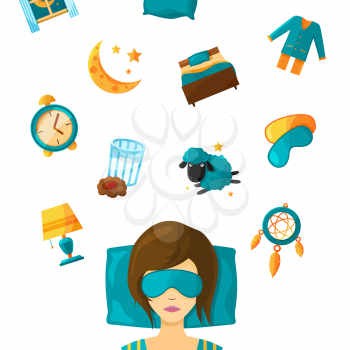 Woman sleep in mask and elements set for dream. Vector illustration