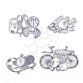 Vector hand drawn sports equipment piles set. Illustration of sport sketch equipment ball and skating, basketball and football