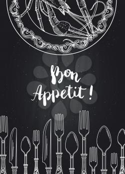 Vector background on black chalkboard illustration with hand drawn tableware and lobster on plate with lettering