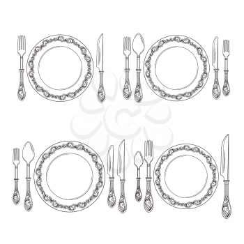 Vector variations of cutlery arrangement set illustration. Restaurant with fork and spoon, cutlery silverware line style