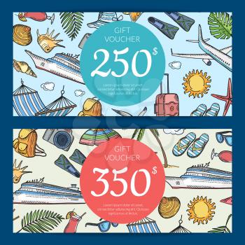 Vector hand drawn summer travel elements discount or gift card voucher templates illustration with price isolated
