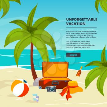 Background with suitcases. Travel illustrations in cartoon style. Summer tourism, suitcase on sand beach vector
