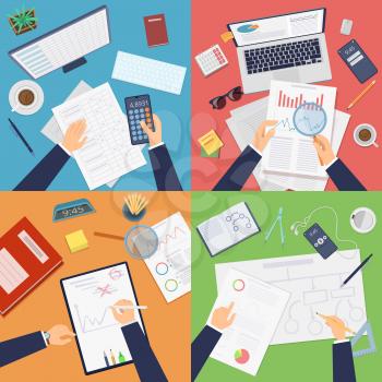 Business workplace top view. Businessman working analytics reporting documents making calculations writing drawing professional at work. Business work office, workplace table view illustration