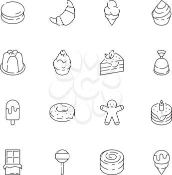 Dessert icon. Chocolate candy jelly cakes ice cream party delicious food vector thin line icon. Illustration of candy and chocolate, dessert and cake