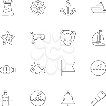 Nautical collection. Marine ocean sea shipping sailing symbols adventure captain cap boat wheel fish vector thin line icon. Ocean and sea boat, travel yacht, submarine and bell illustration