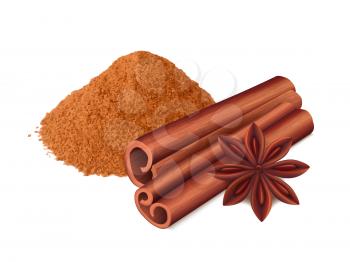 Cinnamon food. Spice sticks and leaf cooking collection aromatic cinnamon vector realistic. Illustration of cinnamon spice, ingredient spicy