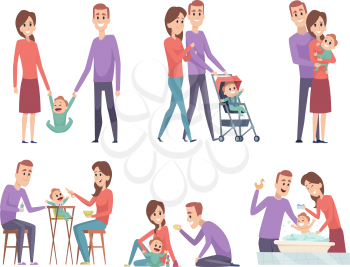 Family couples. Love mother and father playing with their little kids happy mom dad parents vector illustrations. Father and mother with child
