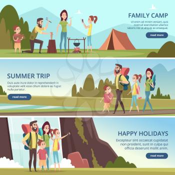 Family hiking banners. Kids with parents camping outdoor explorers mountain walking vector characters. Tourism family, adventure hiking illustration