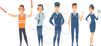 Pilots. Avia company persons crew pilots stewardess airplane command civil aviation vector characters in cartoon style. Pilot and stewardess, people transport service in uniform illustration