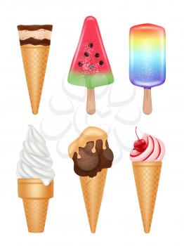 Ice cream dessert. Vanilla fruit chocolate ice cream in cone different toppings vector realistic pictures. Illustration of ice cream in cone, chocolate dessert