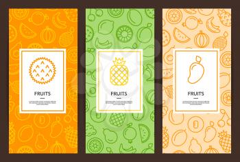 Vector line fruits icons flyer templates illustration. Card template fruit berry, mango and orange