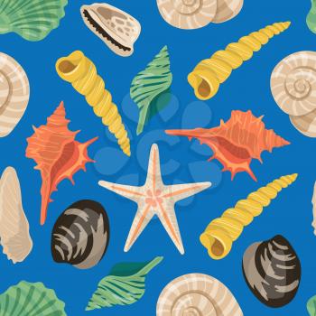 Vector cartoon sea shells pattern or background illustration. Shell pattern, marine life, concha spiral