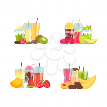 Vector flat smoothie elements piles set isolated on white background illustration. Group of beverage cocktail smoothie