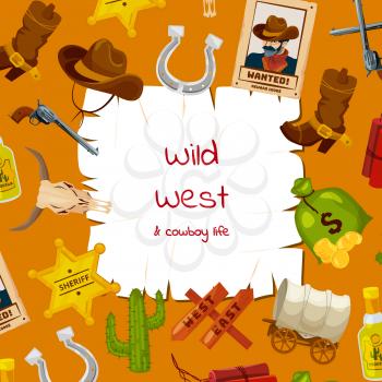Vector cartoon wild west elements background with place for text illustration. Wild west, western and horseshoe, cactus and cap sheriff