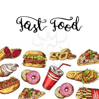 Vector hand drawn colored fast food elements illustration with lettering on plain background