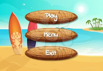 Vector cartoon style wooden buttons with text for game design on surfboards on the beach background. Interface application menu console design illustration