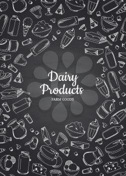 Vector vertical illustration of dairy products contoured on black chalkboard background with place for text