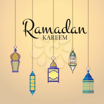 Vector Ramadan illustration with haning lanterns and arabic city silhouette. Arabian islamic kareem celebration