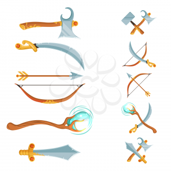 Vector set of fantasy cartoon game design crossed and in the row swords, axes, staffs and bow weapon isolated on white background. Military old weapon for medieval war illustration