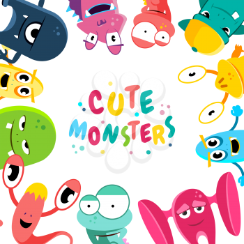 Cute cartoon monsters background. Vector illustration. Funny creature alien, halloween character smile