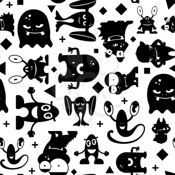 Seamless black and white pattern with monsters. Monochrome vector illustration