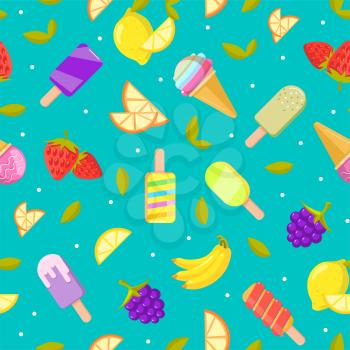 Seamless ice cream pattern. Colorful cartoon background with fruit and ice cream. Vector illustration