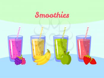 Cartoon smoothies. Berry banana apple and strawberry. Organic fruit shake smoothies. Vector illustration
