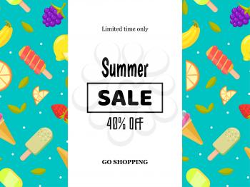 Summer sale banner poster with fruits and ice cream. Vector illustration
