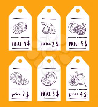 Vector price tag set with doodle sketched fruits and vegetables. Price shop label tag, sticker product food illustration