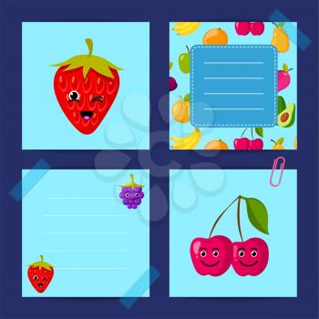 Vector flat cute raspberry, cherry, blackberry fruits with face templates set cartoon banner illustration