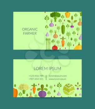 Vector fruits and vegetables organic farm, vegan, healthy food business card template. Illustratioin of poster vegan