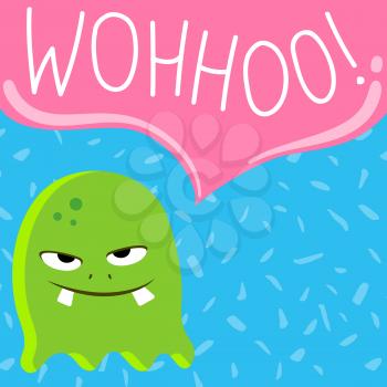 Vector cute cartoon screaming monster with speech bubble on confetti background. Funny monster speak illustration