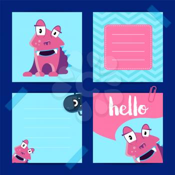Vector pinned square note cards with cute monsters with lettering on zig zag background. Collection template of card monster illustration